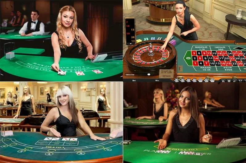 Ruang permainan kasino live dengan meja dan presentasi dealer
